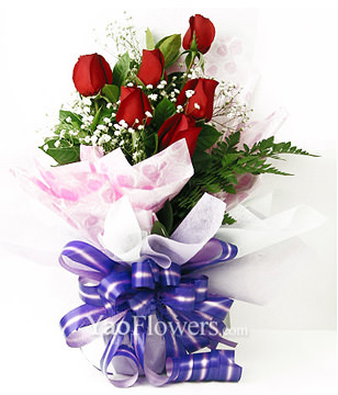 6 Red Roses with green foliages