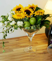 Cheery Sunflowers, Fragrant Freesias And 2 Green Apples In A Cok 