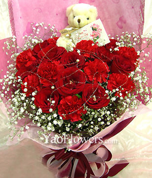 10 Red Carnations,8 Red Roses and A bear