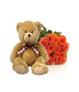 Orange Roses bouquet and a plush bear