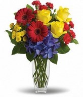 yellow roses, red gerberas, miniature carnations & yellow chrysanthemums in a bouquet