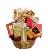 Snack basket with cookies, nuts, almonds, chips, truffles, candies, chocolate and more