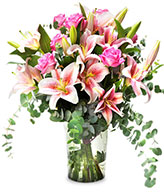Lady in Pink: roses and lilies,Vase included