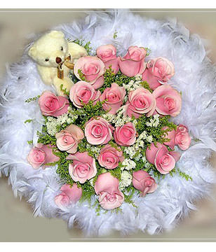 15 pink roses ,prunus ssioris , goldenrods and a cute bear
