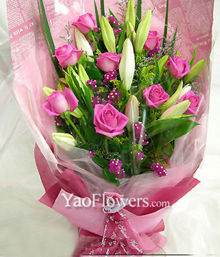 9 Purple roses,3 lilium