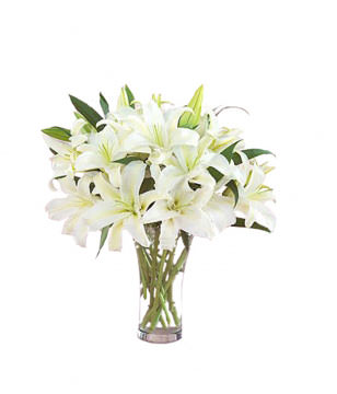6 White Lilies,Green Leaves,Vase included