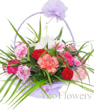 26 Mixed Carnation,1 white lily,Green leaves,Basket