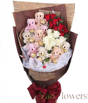 9 red roses, 9 white roses , 5 -inch bear holding Ferrero Rocher