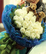 33 white roses with 2 teddy bears