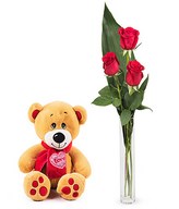 3 red roses and teddy bear