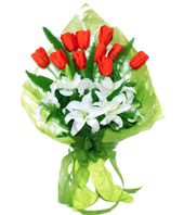 3 white lilium,10 red tulip