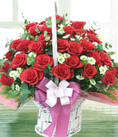 66 red roses, aster, with basket 