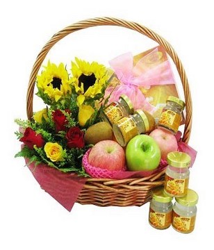 6 Bottle of Bird's Nest, Assorted Fruits With Roses & Sunflowers