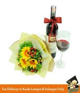 Red Wine, Wine Glass & Bouquet of 3 Yellow Geberas