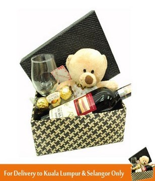 Red Wine, Wine Glass with Bear & 3pcs Ferrero Rocher In a Box Arrangement