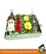 Red Wine, Sparkling Juice & Flowers Arrangement in a Box