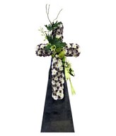 Cross Shaped Arrangement of White Pompom, Orchids, Carnations & Lilies