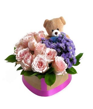 12 pink roses with purple flowers and Small Bear in Heart Shape Box