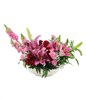 arrangement of red roses, pink lily, and pink snap dragon with filler in vase