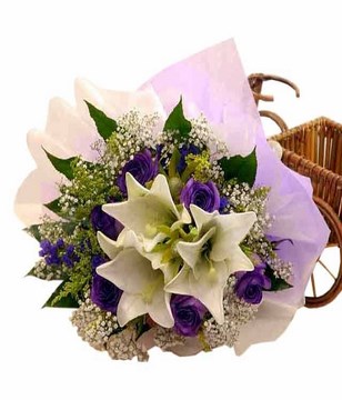 3 lily 6 purple Roses hand bouquet