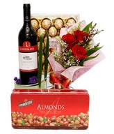 Chocolate Mixed With Red Wine And 3 Red Roses Bouquet