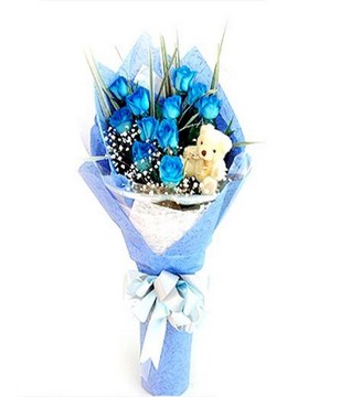 Bouquet of 12 Blue Roses with Small Teddy Bear