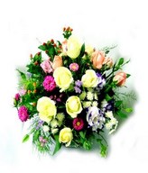 Basket of colorful roses, and eustomas