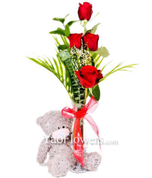 4 Red Roses With Greens And Cute Bear