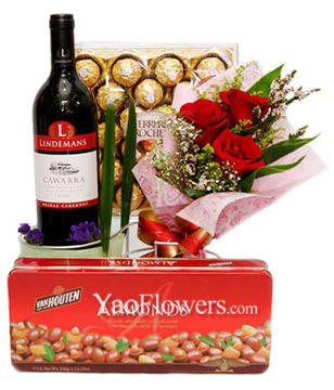 Chocolate Mixed With Red Wine And 3 Red Roses Bouquet 
