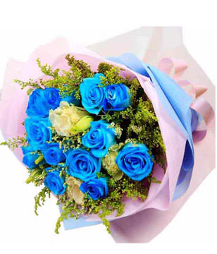 12 Stalks of Blue Roses with Eustomas