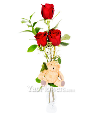 3 Red Roses With Teddy Bear 