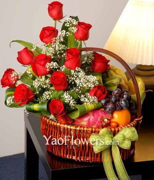 Gala Roses And Babys Breath With Assorted Fruits 