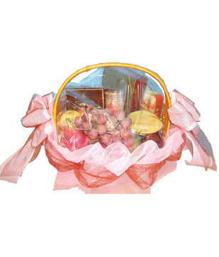 A basket of fruits for the Mid-Autumn Festival, includes red grape, golden pear,apple,one double yolks mooncake, a bottle of whisky an so on. 