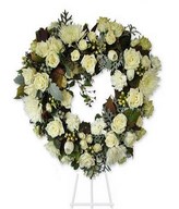 18 inches heart shaped,white roses,white daisies,white spider mums.Easel not included.