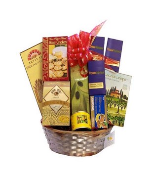 Hamper with assorted gourmet cheeses, seafood, mussels, breadsticks and crackers