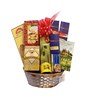 Hamper with assorted gourmet cheeses, seafood, mussels, breadsticks and crackers