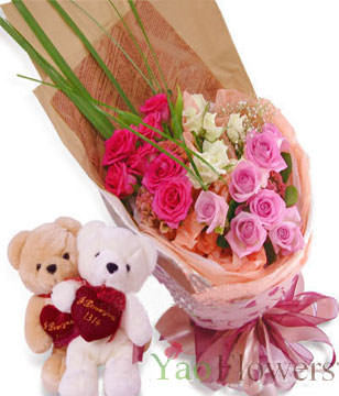 7 white roses, 7 pink roses  , 7 red roses , two Bear