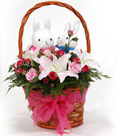 Basket included,16 red roses, 9 pink roses , 3 lilies , a pair of rabbits, green leafy fullness