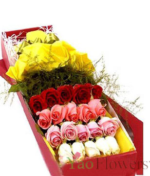 20 Mixed Roses,Green Leaves,Gift Box Included