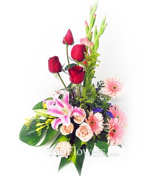 4 red roses,4 champagne roses,4 pink african daisy ,2 pink lilies
