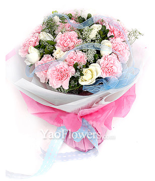 12 pink carnations,9 white roses