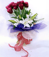 9 purple tulip,3 white lilies
