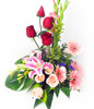4 red roses,4 champagne roses,4 pink african daisy ,2 pink lilies