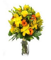 Autumnal Lilies: lilies and yellow roses