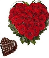 25 Red roses heart shape arrangement with 1 kg heart shape chocolate cake