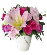 Soft and Deep Pink Roses, Pink carnation with lilies and Filler in Vase