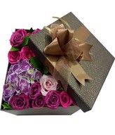 Box of Hot and Soft pink roses with Hydrangea in Box.