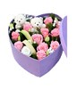 12 pink roses with babybreath, and 2 cute bears arranged in a heart shape box
