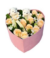 12 peach roses with babybreath, and 2 cute bears arranged in a heart shape box