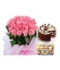 Pink roses bouquet, Black forest cake, and a box of chocolate